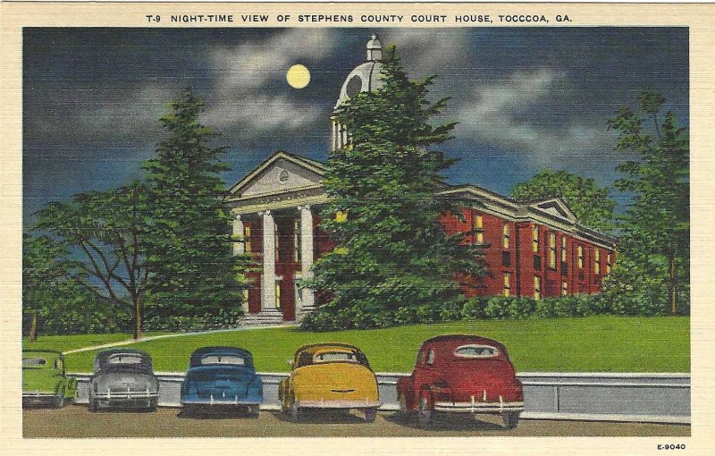 1940's Night-Time View of Stephens County Court House, Georgia Linen Postcard