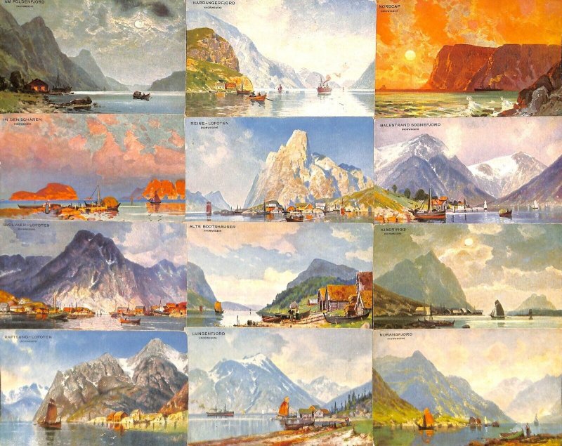 Lot of 12 vintage postcards scenic Norway landscapes artist