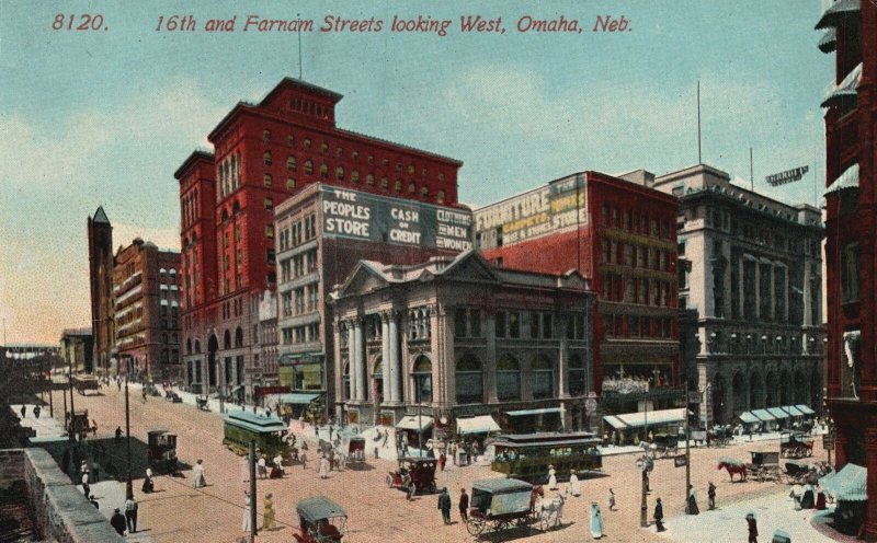 Vintage Postcard 1913 16th and Farnam Streets looking West, Omaha Nebraska