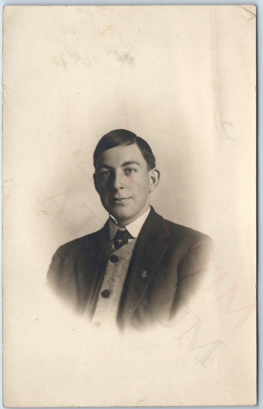 c1910s Rockford IL Handsome Man Boy RPPC Portrait Real Photo Postal Studio A258