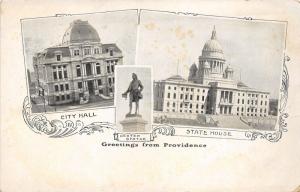 Providence Rhode Island~3 Views-City Hall~Dexter Statue~State House~c1905 Pc