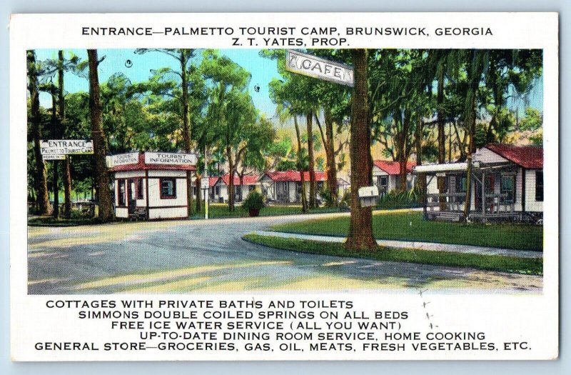 Brunswick Georgia GA Postcard Entrance Palmetto Tourist Camp Trees 1936 Vintage