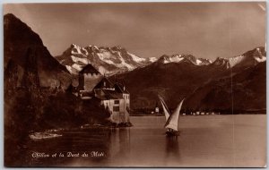 Chillon Et La Dent Du Midi Island Castle Lake Geneva Real Photo RPPC Postcard