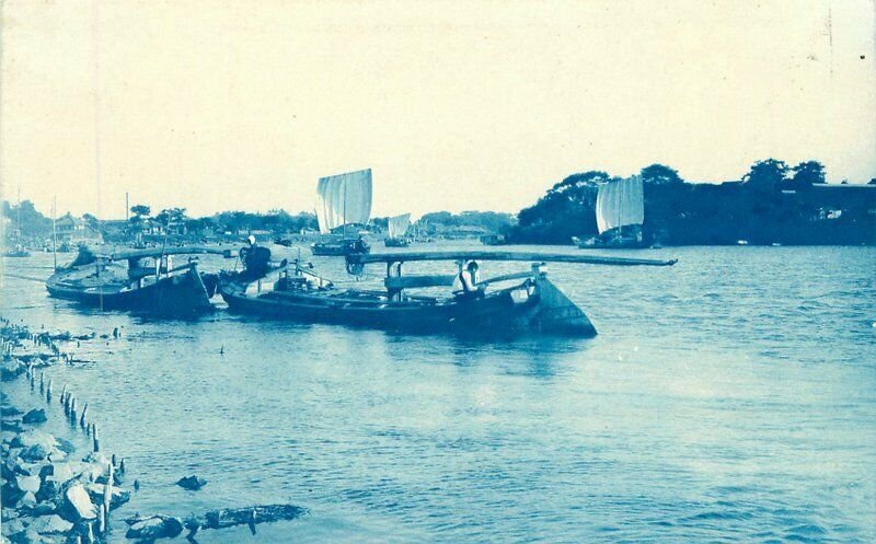 Japan Boats Harbor Blue Tint C-1910 Postcard 22-1904