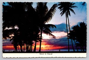 Sunset In Hawaii From Waikiki Beach Vintage Unposted Postcard Palm Trees