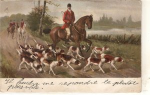 Horsemen and dogs. Hunting scane Old vintage French postcard