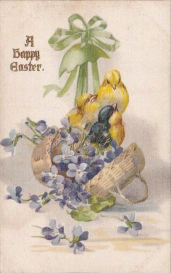 Silk Card Happy Easter With Basket Of Flowers and Chicks
