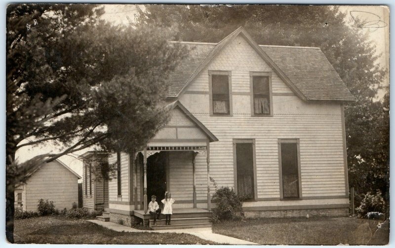 c1910s 2 Cute Kids House Porch RPPC Boy Girl Child Handwriting Real Photo A147