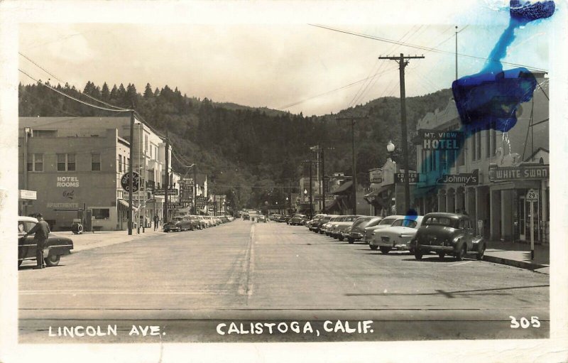 Calistoga CA Lincoln Ave. Storefronts Old Cars Real Photo Postcard AS-IS