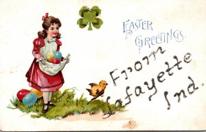 Indiana Lafayette Easter Greetings With Shamrock and Young Girl Gathering Eas...