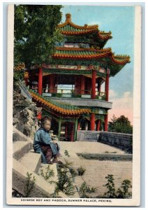 c1930's Chinese Boy And Pagoda Summer Palace Peking China Vintage Postcard