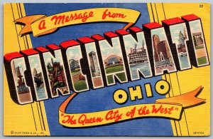 Cincinnati Ohio 1950 LARGE LETTER Greetings Postcard by Curt Teich