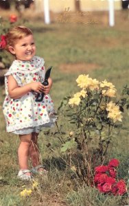 Children portraits & scenes cute girl gardening flowers greetings postcard