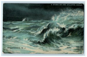 1912 Night View, A Storm On The Atlantic Ocean, Wildwood New Jersey NJ Postcard