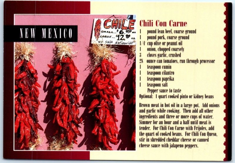 Postcard - Chili Con Carne Recipe - New Mexico