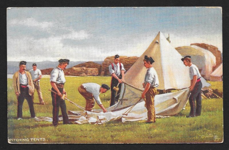 British Soldiers Pitching Tents Used c1906 Oilette