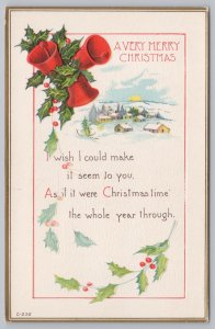 Holiday~Air View Town Red Bells & Holly Christmas Greeting Poem~Vintage Postcard