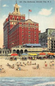 ATLANTIC CITY, NJ New Jersey SHELBURNE HOTEL & Sunbathers~Beach c1940's Postcard