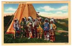 Vintage Curteich Linen Postcard Indian Chiefs in War Regalia OB-H92