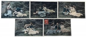 Set 5 vintage postcards romantic lover double love idyll fantasy glamour ladies 