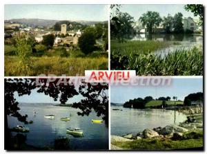 Postcard Old Arvieu Aveyron General view Etang Lake Pareloup The Beach Lake P...