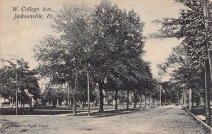 JACKSONVILLE ILLINOIS~W COLLEGE AVENUE~1908 LEDFERS BOOK STORE PHOTO POSTCARD