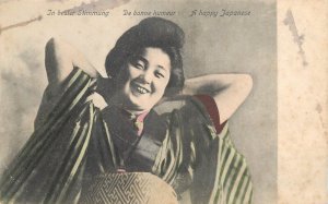 Japan culture & ethnicity Japanese Asian ethnic a happy geisha 1900s postcard