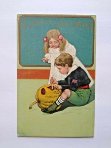 Halloween Postcard Paul Finkenrath Embossed 778 Children With JOL Unused