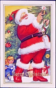 Christmas~JOLLY FULL LENGTH SANTA LIGHTS CANDLE TREE~DOLL~GOLD~Vintage Postcard