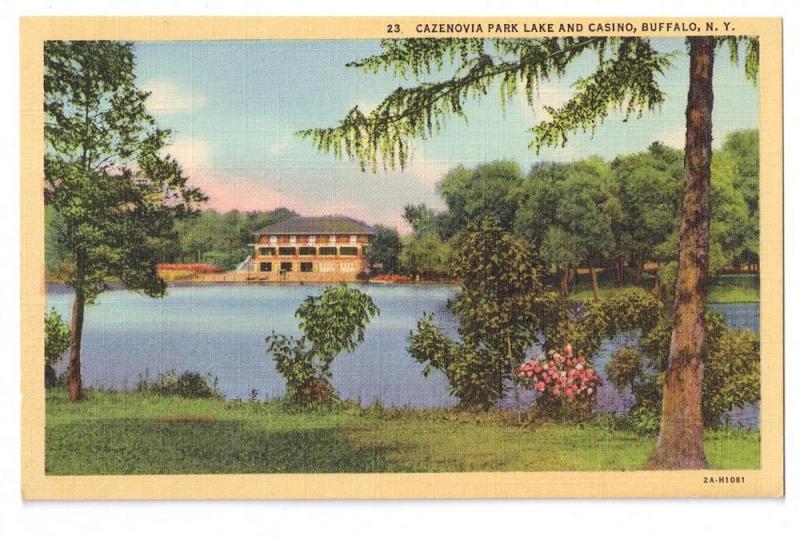 Cazenovia Park Lake and Casino Buffalo NY Curteich Postcard