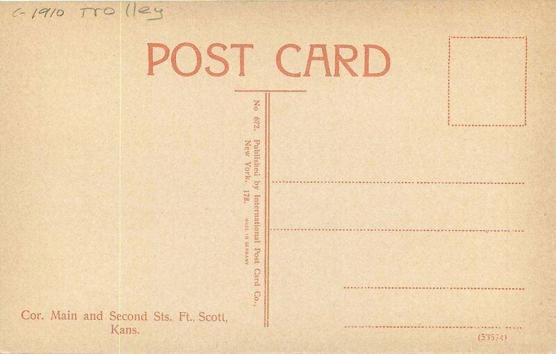C-1910 Main 2nd Streets Fort Scott Kansas Trolley International Postcard 20-5381