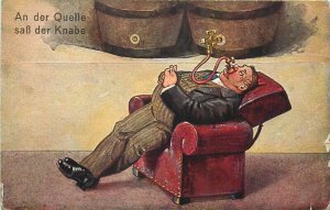 Germany comic  alcohol source red nose drunk man caricature vintage postcard 