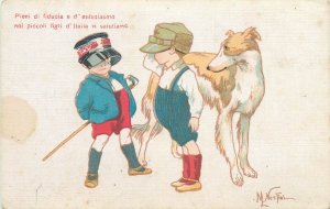 World War 1917 Italian patriotic children full of confidence dog caricature