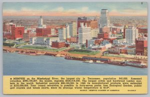 Linen~Air View Skyline of Memphis TN On Mississippi River~Vintage Postcard
