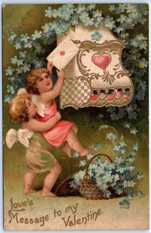 1908 Embossed Valentine Day Cute Cherub Lilac Mail Mailbox Postal Postcard A184