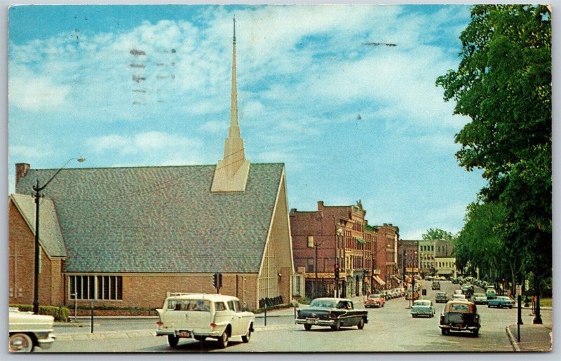 Vtg Northampton Massachusetts MA Main Street View Old Cars Church 1960s Postcard