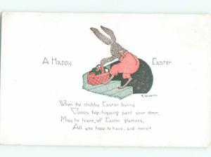 Pre-Linen Easter signed WEAVER - HUMANIZED BUNNY RABBIT WITH EGG BASKET AB3363
