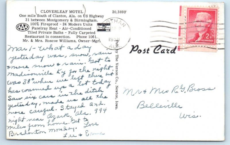 CLANTON, AL Alabama ~ Roadside CLOVERLEAF MOTEL c1950s Chilton County  Postcard