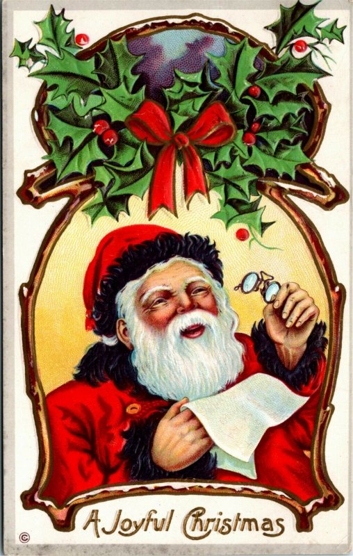 Postcard Embossed A Joyful Christmas Santa Holding Pince Nez 1910s L12