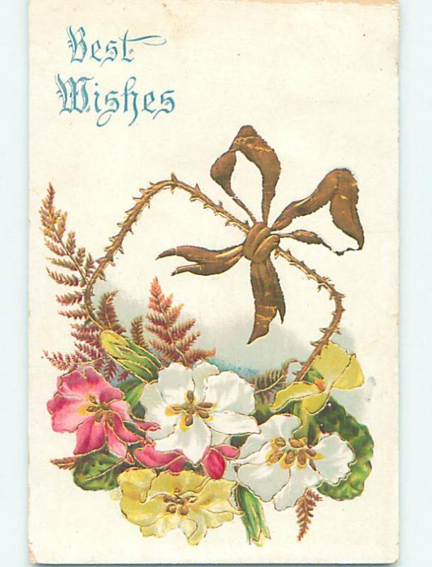 Divided-Back BEAUTIFUL FLOWERS AND GOLDEN RIBBON - BEST WISHES o8885