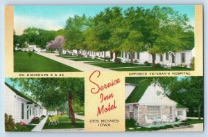 Des Moines Iowa IA Postcard Service Inn Motel Veteran's Hospital Multi View