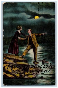 1913 Valentine Couple Romance I'm Fishing For The Love Winsch Back Postcard