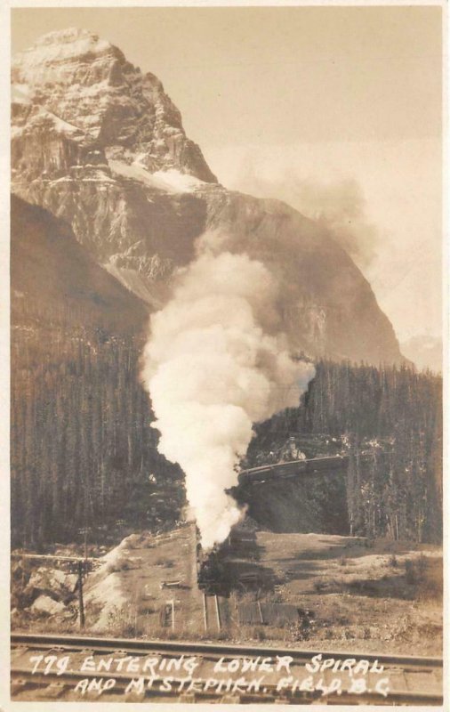 RPPC CANADA TRAIN ENTERING LOWER SPIRAL & MT. STEPHEN BC REAL PHOTO POSTCARD