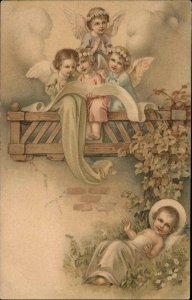 Christmas New Year Little Girl Angels Watch Over Baby Jesus c1910 Postcard