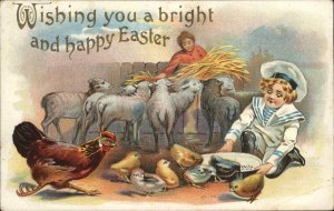 Easter Little Boy and Woman Feed Sheep and Chicks c1910 Vintage Postcard