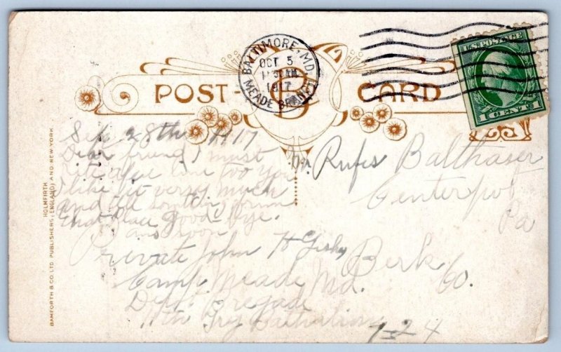 1917 WWI THIS is WHAT WILL HAPPEN in CAMP MEADE MD ROMANTIC PENNANT POSTCARD