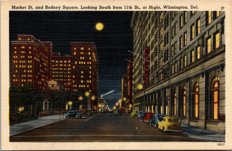 Vtg 1930s Market Street & Rodney Square at Night Wilmington Delaware DE Postcard