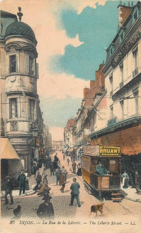 France DIJON animated Liberte street tram tramway pharmacy Bruant advertising