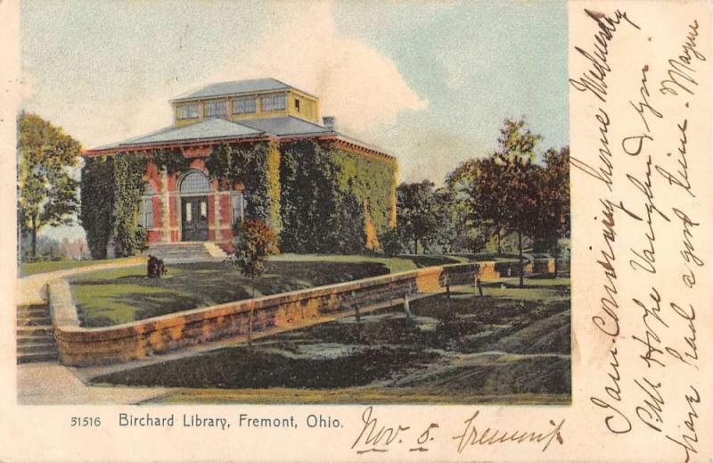 Fremont Ohio Birchard  Library Street View Antique Postcard K87051