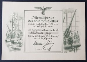 GERMAN 3rd REICH PROPAGANDA CERTIFICATE METAL DONATIONS 1940